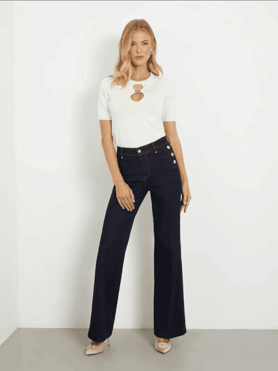 JEAN FEMME BOUTON DORE COTE Pantalon denim taille haute wide leg à boutons dorés – Image 1