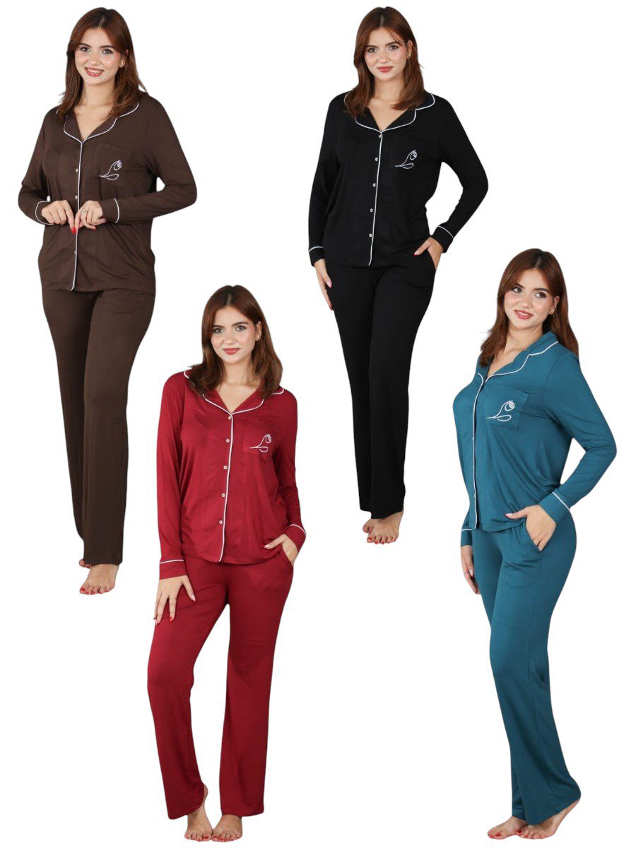 PYJAMA FEMME CHEMISE AVEC PASSEPOIL BLANC PYJAMA FEMME COL CHEMISE AVEC PASSEPOILS – Image 1