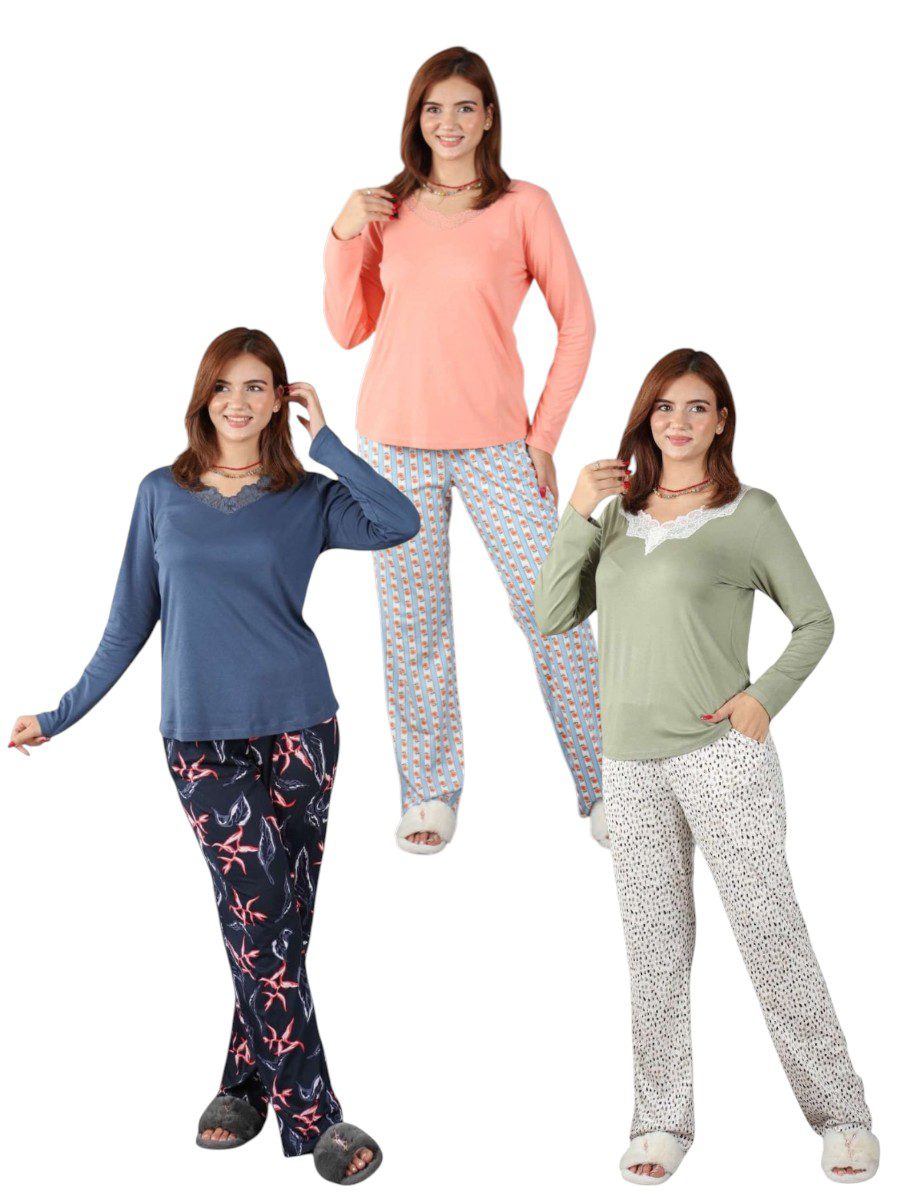 PYJAMA FEMME PULL UNI COL DELTELLE ET PANTALON IMPRIME (3) PYJAMA FEMME COTON MANCHE LONGUE – Image 1