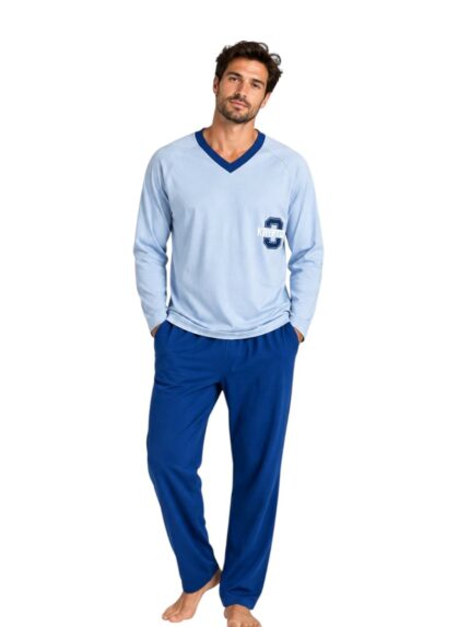 PYJAMA HOMME COL V MANCHE LONGUE BLEU CIEL