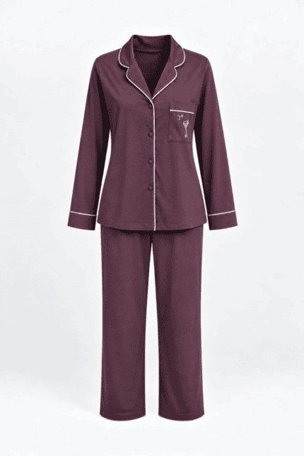 Pyjama deux pièces en Coton prune avec passepoil rose
