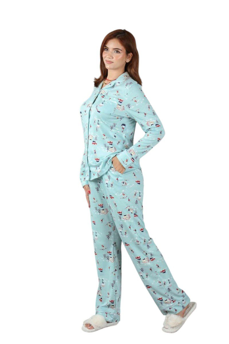 PYJAMA FEMME TURQUOISE IMPRIME SKI (3) Pyjama femme bleu imprimé – Image 1